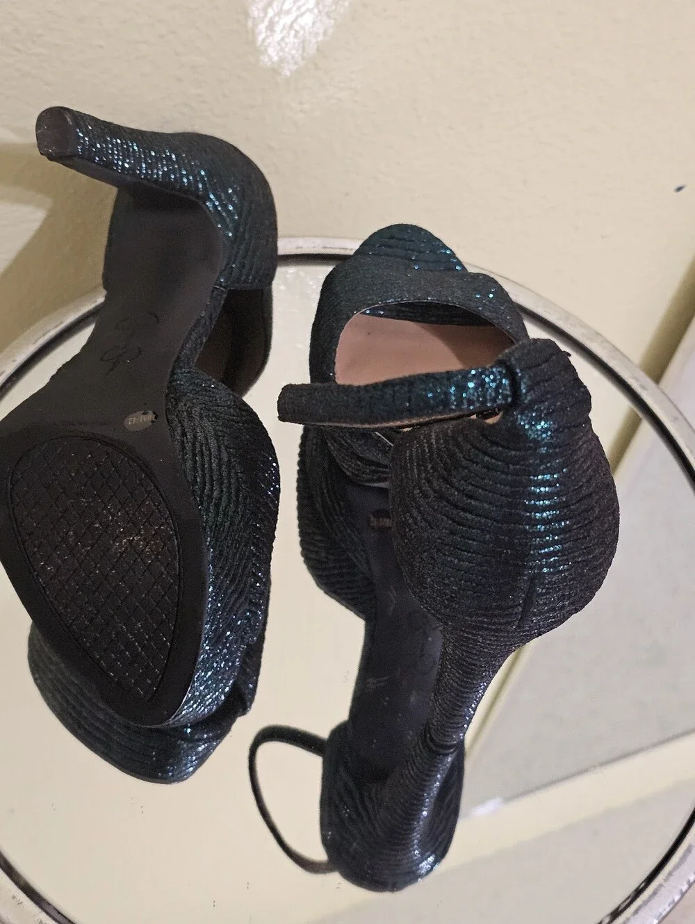 Jessica Simpson Iridescent Dark Green Open-Toe Ankle Strap Heels